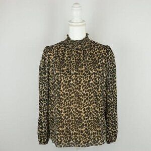 J.Crew Women's XXS Black Tan Animal Print Mock Neck Long Puff Sleeve Blouse NWT